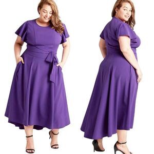 Lane Bryant Flutter-Sleeve High-Low Midi Lena Dress Sz 16‎ Purple Tie Waist